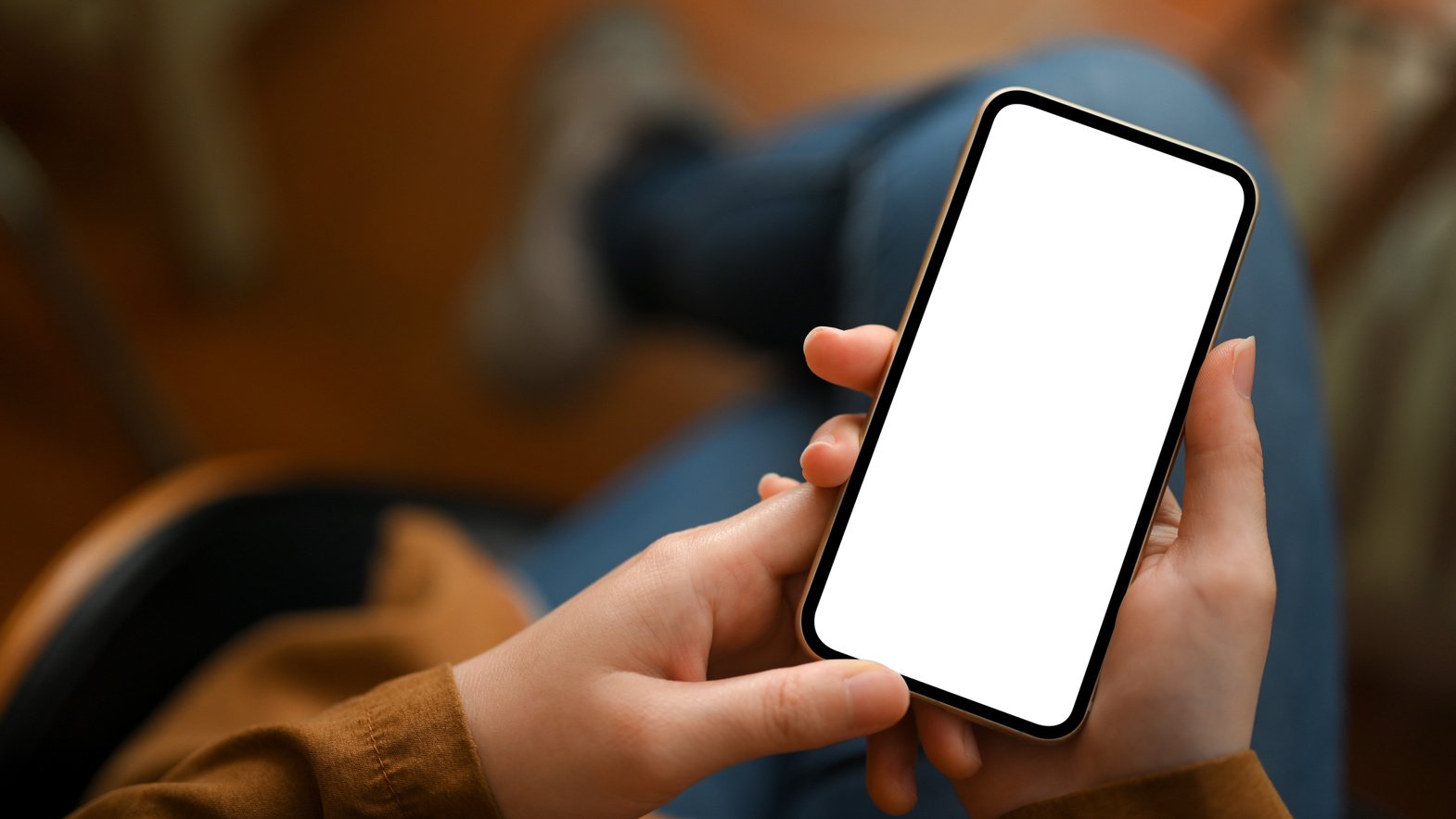 Close-up, Female Hands Holding Cellphone, Phone Mockup.